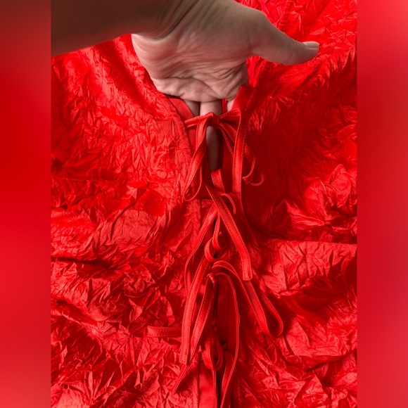 NWOT Ganni Crinkled Satin Te-Front Blouse, size 36(4), color Grenadine - Picture 7 of 8